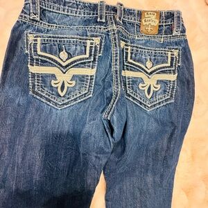 Rock Revival Men's Bootcut Jeans - Dark Blue Denim with Orange Logo